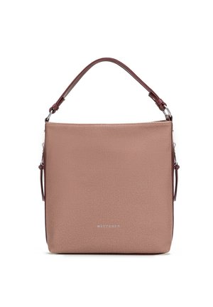 Quadratische Tasche aus lichtrosa strukturiertem Material, mit einem dünnen Obergriff und seitlichen Trägern, silbernem Beschlag und Logo am Boden.