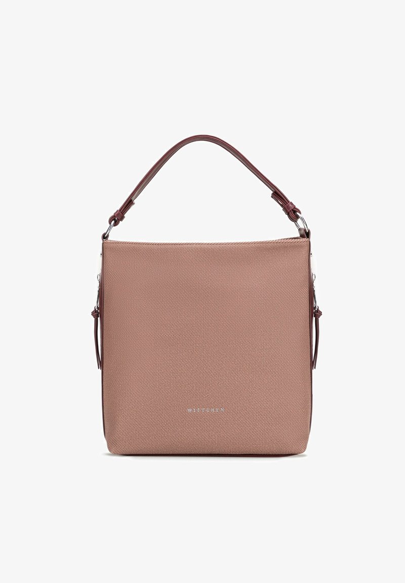 Borsa quadrata in materiale testurizzato rosa chiaro, con manico superiore sottile e cinghie laterali, accessori in argento e logo in basso.