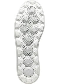 Semelle en caoutchouc blanche avec des motifs circulaires et texturés, dotée de perforations pour la respirabilité et d'un estampille "PATENT ITALIEN".