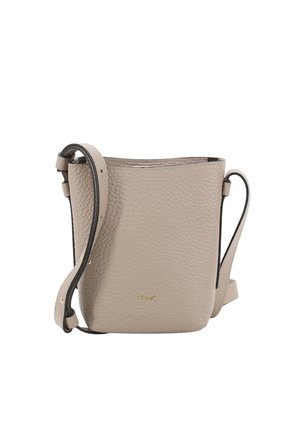 Beige leather bucket bag with a textured finish, adjustable strap, and minimalistic gold branding. Compact design with open top.
