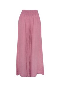 Pantaloni larghi in lino rosa con una vita elastica e una texture leggera e traspirante, adatti per essere indossati in climi caldi.