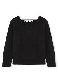 Maglione DKNY nero con scollo rotondo, maniche lunghe e un tessuto morbido e testurizzato. Design minimalista senza motivi o accenti visibili.