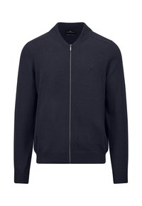Marinekleurige ritscardigan van zacht breiwerk, met een staande kraag, geribde manchetten en onderrand, en een klein logo op de borst.