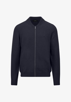 Marineblauer Reißverschluss-Pullover aus weichem Strickstoff, mit Stehkragen, gerippten Bündchen und Saum sowie einem kleinen Logo auf der Brust.