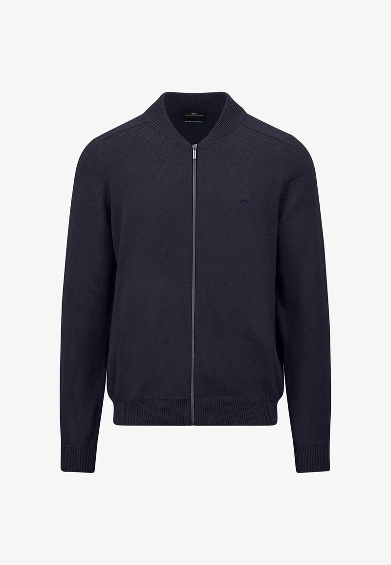 Marine blå cardigan med lynlås, lavet af blødt strikstof, med en stående krave, ribbede manchetter og kant, samt et lille logo på brystet.