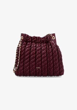Burgundy quilted leather handbag with a drawstring top and gold chain strap. Features a flat base and a subtle logo detail on the front.