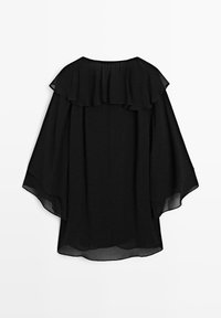 Schwarzes Chiffon-Oberteil mit einem gerafften Halsausschnitt und weiten, fließenden Ärmeln. Glatte Textur mit einer lockeren, entspannten Silhouette.