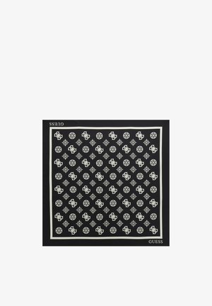 Sciarpa nera con logo bianco ripetuto e motivi geometrici, bordata di bianco. Il materiale sembra liscio con una leggera lucentezza.