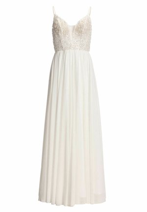 White sleeveless gown with beaded floral bodice, deep V neckline, thin straps, and long flowing pleated skirt.