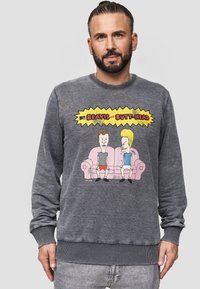 Maglione grigio a girocollo con una stampa grafica di "Beavis and Butt-Head" seduti su un divano rosa. Maniche e orlo a costine.