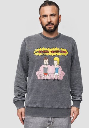 Grauer Rundhals-Pullover mit einem Grafikdruck von "Beavis and Butt-Head", die auf einem rosa Sofa sitzen. Rippstrickbündchen und -saum.