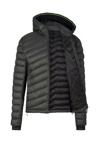 Veste matelassée noire avec capuche, matelassage diagonal et devant ouvert montrant la doublure intérieure et le patch logo de la marque.