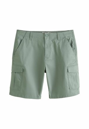 Hellegrüne Cargo-Shorts für Herren mit Frontknopf, Gürtelschlaufen, Seitentaschen und Pattentaschen, auf weißem Hintergrund präsentiert.