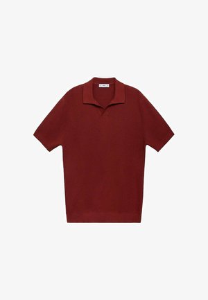 Polo majica kratkih rukava u tamnoj crvenoj boji, s teksturiranim pletenim dizajnom, klasičnom ovratnikom i ravnim rubom.