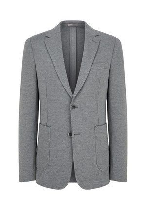 Szary strukturalny żakiet z klapami, dwiema przednimi kieszeniami i zapięciem na jeden guzik. Teksturowany materiał z subtelnym wzorem w kratę.