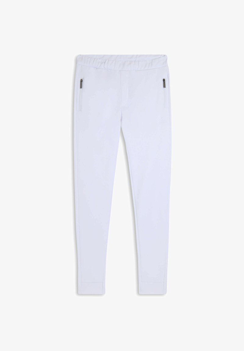 Pantalones deportivos blancos con cintura elástica, dos bolsillos laterales con cremallera y diseño de pierna ajustada. Tela lisa sin patrones visibles.