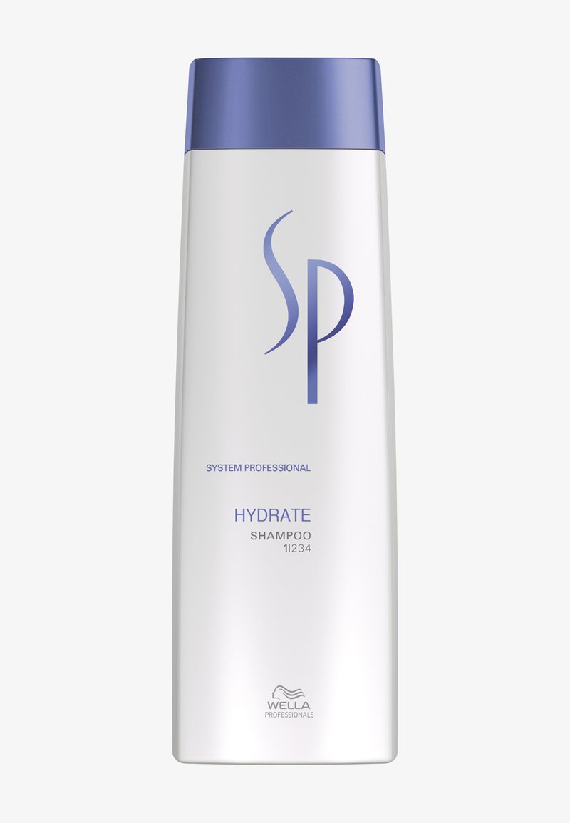 Flacon de shampooing Hydrate de Wella Professionals System Professional blanc avec bouchon et logo violets, orientation verticale.