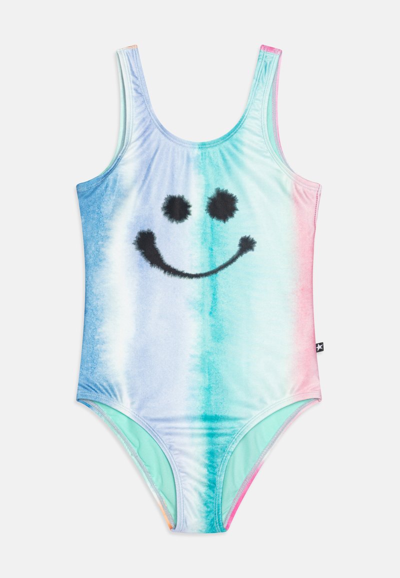 Ολόσωμο μαγιό σε σχέδιο tie-dye με μπλε και ροζ αποχρώσεις, διακοσμημένο με μια μαύρη γκρίζα φατσούλα μπροστά. Κατασκευασμένο από ελαστικό ύφασμα.