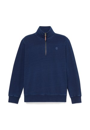 Pull-over bleu marine à fermeture quart de zip, avec poignets et ourlet côtelés, col montant, et petit logo brodé sur le côté gauche de la poitrine.