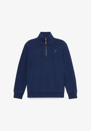 Pull-over bleu marine à fermeture quart de zip, avec poignets et ourlet côtelés, col montant, et petit logo brodé sur le côté gauche de la poitrine.