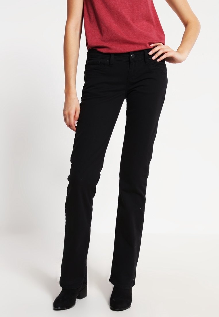 Jeans noirs à jambe droite en tissu de coton, comportant cinq poches, des passants de ceinture et une fermeture à boutons.