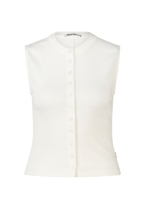 Mouwloze witte geribde top met ronde hals en knoopsluiting aan de voorkant, licht cropped pasvorm.