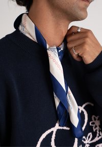 Maglione a maglia blu navy con una sciarpa di seta a righe bianche e blu legata al collo. La sciarpa ha una texture morbida e strisce ben definite.