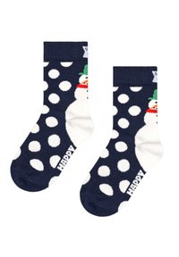 Chaussettes bleu marine avec des pois blancs et un motif de bonhomme de neige ; inclut des accents rouges et verts ; bord ribbé ; présente le texte « HAPPY » au niveau des orteils.