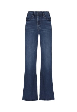 Jeans blu a vita alta e svasati, realizzati in denim con una texture liscia. Presentano un design a cinque tasche e una chiusura con bottone tradizionale.