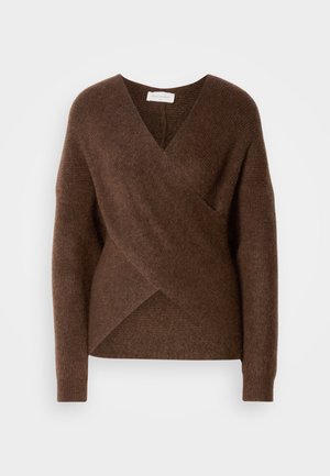 Bruine, gebreide wikkeltrui met een V-halsontwerp, lange mouwen en een comfortabele textuur. Heeft een asymmetrische zoom en geen zichtbare sluitingen.