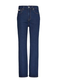 Σκούρα μπλε τζιν με ίσια γραμμή, μπροστινό κουμπί και φερμουάρ, σχέδιο με πέντε τσέπες και εμφανείς ραφές.