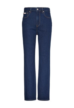Σκούρα μπλε τζιν με ίσια γραμμή, μπροστινό κουμπί και φερμουάρ, σχέδιο με πέντε τσέπες και εμφανείς ραφές.