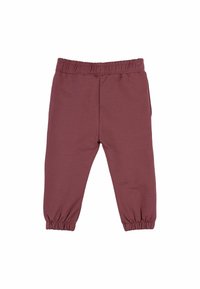 Hlače za djecu u tamnom mauve tonu, izrađene od mekog materijala. Imaju elastičnu strukvnicu i nabrane manžete, ravnog kroja, bez džepova.