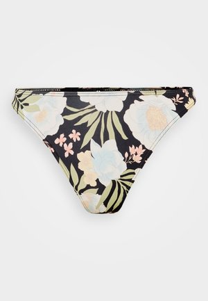 Bas de bikini noir floral avec des fleurs bleu ciel et rose pastel, des feuilles vertes et une coupe classique. Tissu texturé avec des bords cousus.