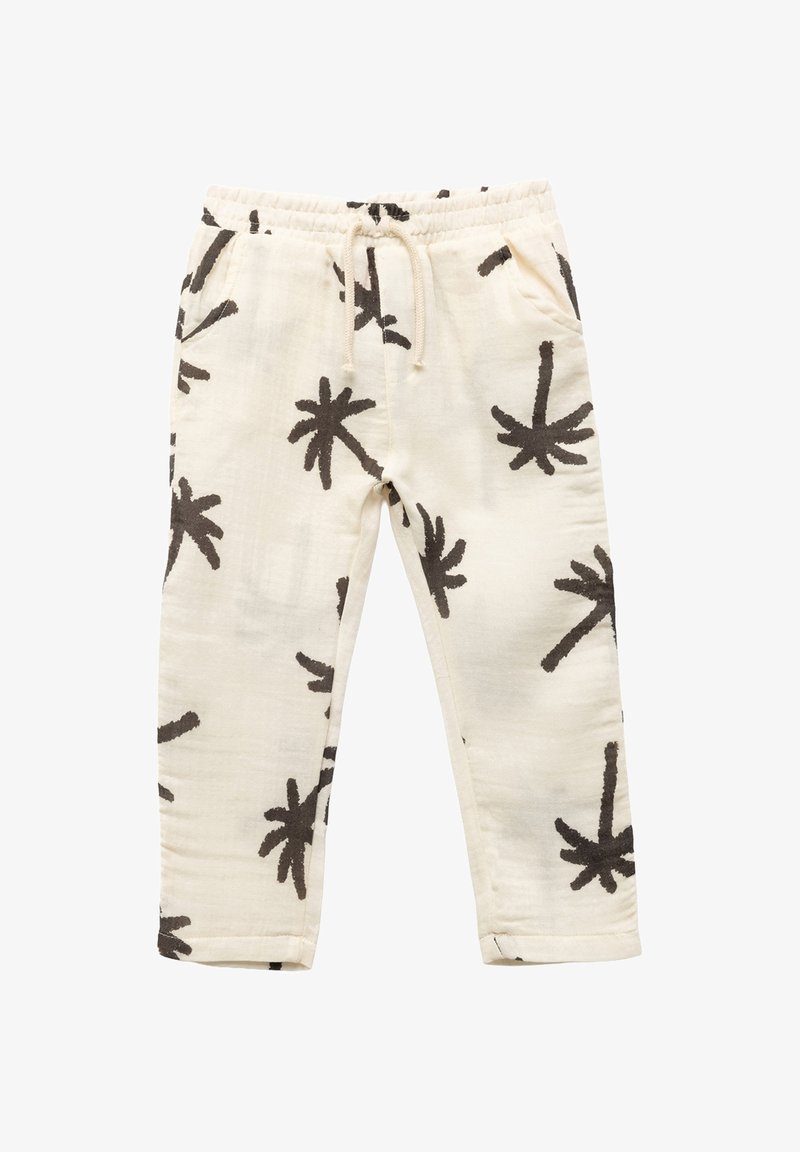 Pantalons crème clair en tissu doux, avec un motif abstrait de feuilles de palmier noires, taille élastique et cordon de serrage.