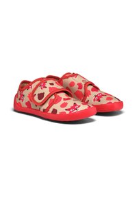 Red and beige children's shoes with a Velcro strap, featuring a playful pattern of red foxes and hearts on the canvas upper and rubber sole.
