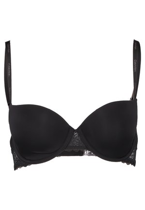 Reggiseno imbottito nero con bordi in pizzo. Tessuto liscio con spalline regolabili con logo. Design con ferretto e forma della coppa arrotondata.
