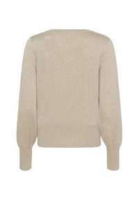 Maglione beige a maglia con maniche lunghe, polsini e orlo a coste. Texture liscia e scollatura rotonda, con un design posteriore senza cuciture.