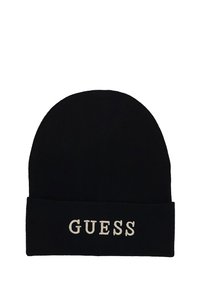 Berretto lavorato a maglia nero con risvolto. Presenta il testo bianco "GUESS" ricamato sul davanti. Morbido al tatto, design con cima arrotondata.