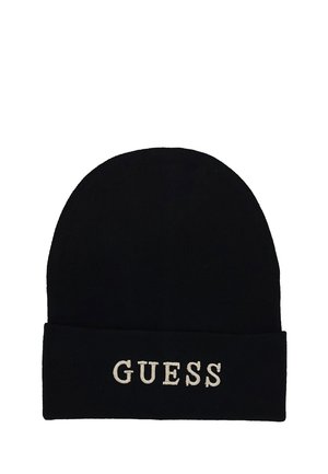 Berretto lavorato a maglia nero con risvolto. Presenta il testo bianco "GUESS" ricamato sul davanti. Morbido al tatto, design con cima arrotondata.