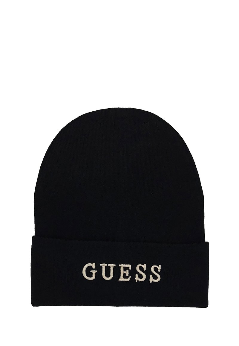 Berretto lavorato a maglia nero con risvolto. Presenta il testo bianco "GUESS" ricamato sul davanti. Morbido al tatto, design con cima arrotondata.
