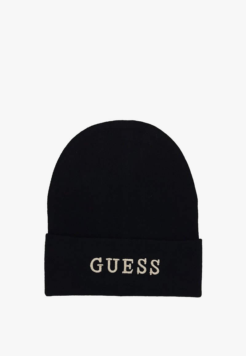 Berretto lavorato a maglia nero con risvolto. Presenta il testo bianco "GUESS" ricamato sul davanti. Morbido al tatto, design con cima arrotondata.