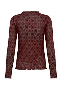 Haut en dentelle bordeaux ajusté à manches longues avec motifs floraux et géométriques, col montant et bords festonnés aux manches et à l'ourlet.