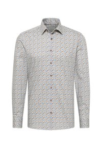 Langsleeve shirt met een lichtblauwe basis en een geometrisch patroon in oranje en navy. Het heeft een knoopsluiting aan de voorkant en een standaard kraag.