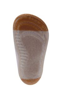 Jasnoszara skarpetka z miodowo-brązowym noskiem i strukturalną powierzchnią. Posiada lekko prążkowany design oraz bezszwową konstrukcję dla większego komfortu.