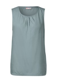 Sleeveless blouse in light blue-green fabric, featuring a round neckline and gathered detailing on the front for texture and design.