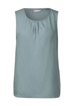 Ärmellose Bluse aus hellblau-grünem Stoff mit rundem Ausschnitt und gerafften Details auf der Vorderseite für Textur und Design.