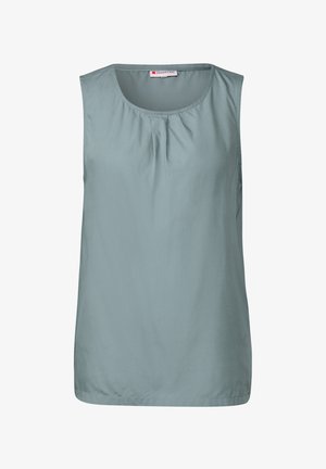 Ærmeløs bluse i lyseblå-grønt stof med en rund halsudskæring og plissee-detaljer foran for struktur og design.