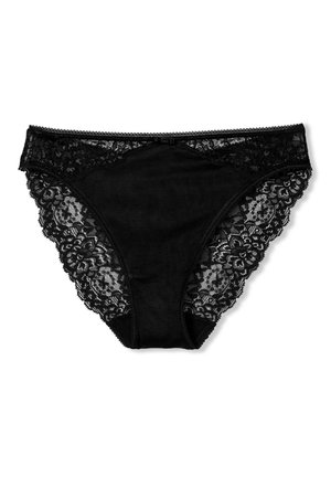 Des culottes noires avec un panneau central lisse orné de délicates dentelles noires sur les côtés et à l'arrière, accentuées de bords festonnés.