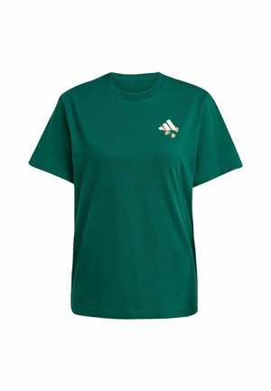 Green cotton t-shirt with a crew neckline and short sleeves, featuring a white logo and floral design on the left chest.